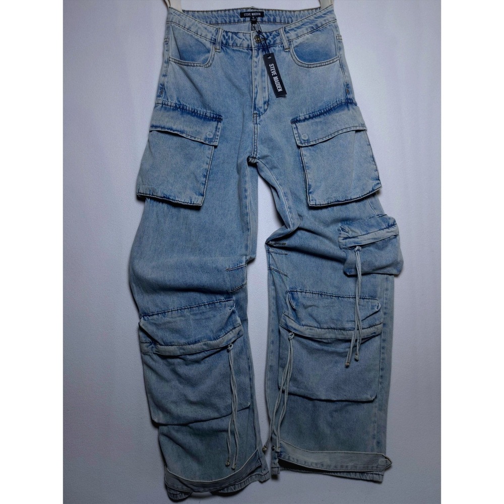 Steve Madden Duo Cargo Pants Light Blue Denim Wide Leg Multi Pocket Womens Small